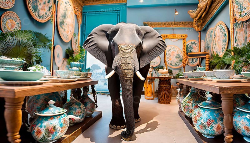 The elephant in the china shop, an elephant in a shop with porcelain and ceramics, AI generated