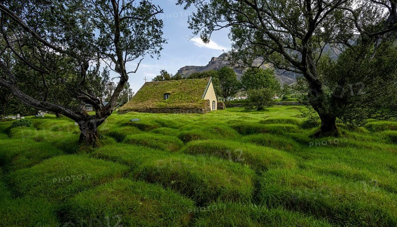 Hofskirkja church with grass roof and grass-covered graves, Öræfi region, South Iceland, Iceland, Europe