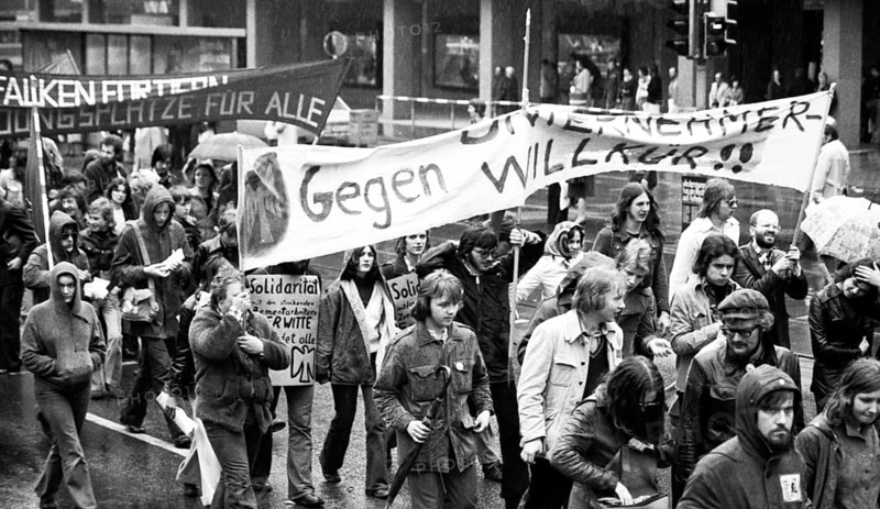Demonstration of 30, 000 of the DGB youth against unemployment and better vocational training on 19.4.1975 in Dortmund, Germany, Europe