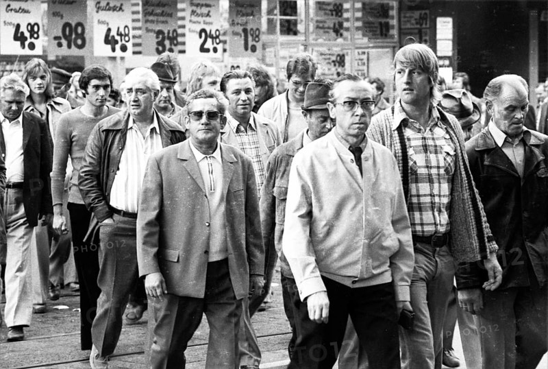 Workers of the Essen ironworks demonstrated against the reduction of social benefits after a works meeting in Essen, Germany, 24 September 1975, Europe