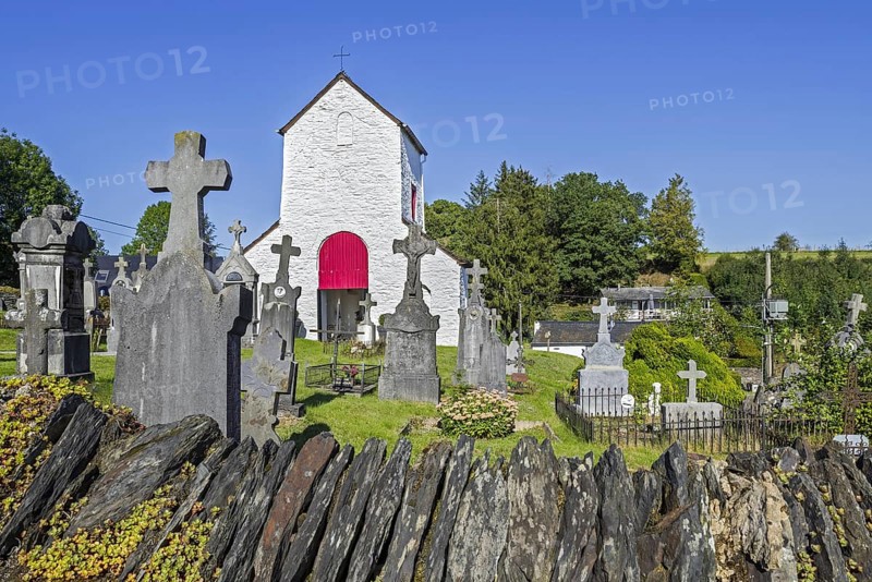 12th century Chapelle Saint-Marguerite and cemetery in the village Ollomont, Houffalize, province of Luxembourg, Belgian Ardennes, Wallonia, Belgium, Europe