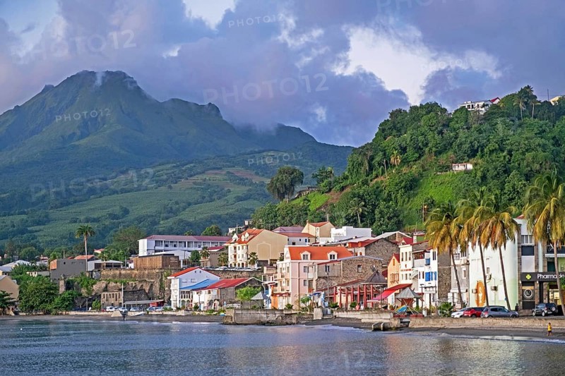 The town Saint-Pierre, first permanent French colony and active volcano Mount Pelée on the island of Martinique in the Caribbean Sea