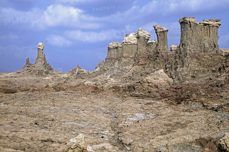 Eroded towers and pinnacles composed of salt, potassium and magnesium in the Danakil Desert, Afar Region, Ethiopia, Africa