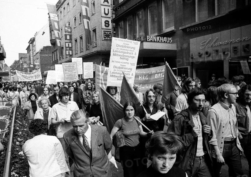 On 24 June 1971, more than 2, 000 students at the University of Dortmund protested against a worsening of their situation due to the Higher Education Framework Act (HRG) and Bafög regulations, Germany, Europe