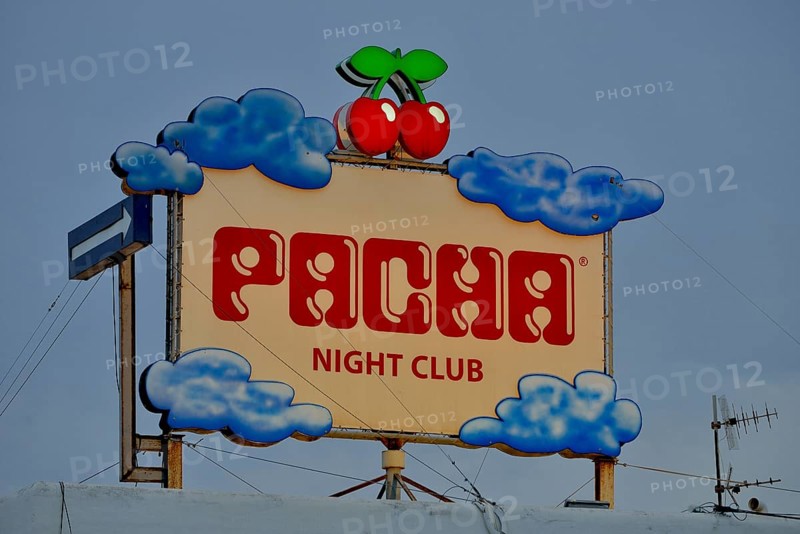 Sign at the Pacha nightclub, Ibiza city, Ibiza, Balearic Islands, Spain, Europe