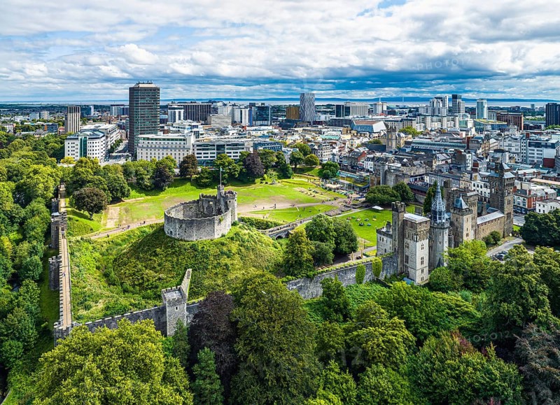 Cardiff Castle from a drone, Cardiff, Wales, England, United Kingdom, Europe
