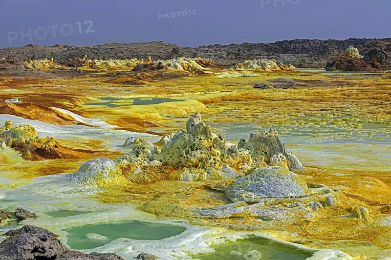 Dallol sulfur springs, hot springs in the Danakil Depression discharge brine and acidic liquid in green acid ponds, Afar Region, Ethiopia, Africa