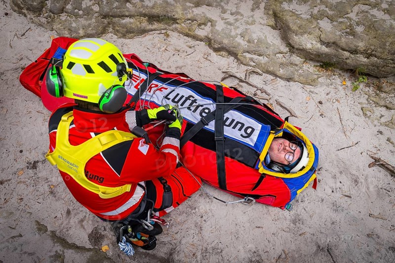 Winch rescue training of the rescue helicopter, Christoph 62, on the occasion of the 50th anniversary of the DRF Luftrettung. The rescue of casualties in the Elbe Sandstone Mountains will be practised