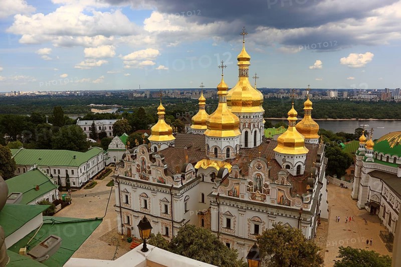 View of the monastery complex of the Kiev Cave Monastery, Holy Assumption Monastery, Pecherskaya Lavraden River Dnieper and the city of Kiev, Ukraine from the bell tower