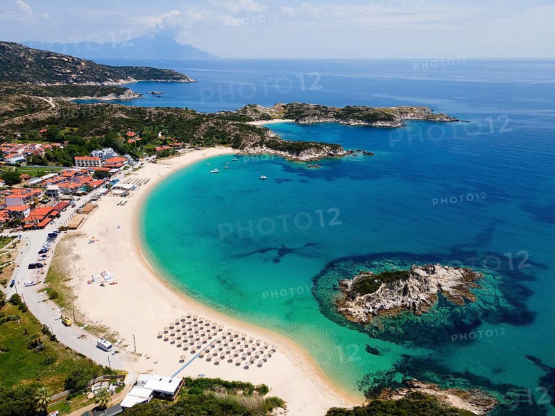 Aerial view, rocks and beach, Kalamitsi, Sithonia, Chalkidiki, Central Macedonia, Greece, Europe