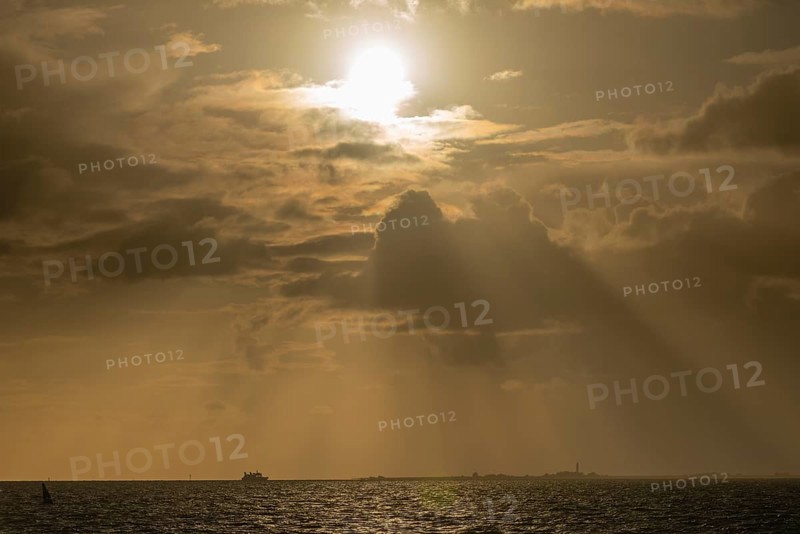 North Sea island of Pellworm in the evening light, seen from the Nordstrand peninsula, North Frisia, Schleswig-Holstein, Germany, Europe