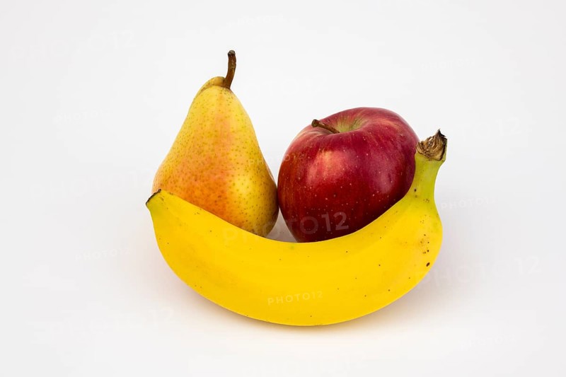 Banana, apple, pear, studio shot, white background, healthy food