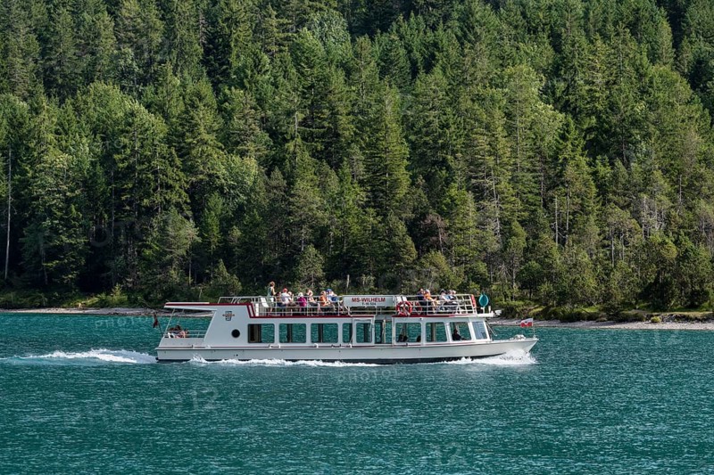 Excursion boat MS Wilhelm on the Plansee lake near Reutte, Ammergau Alps, Tyrol Austria, Plansee lake, Tyrol, Austria, Europe