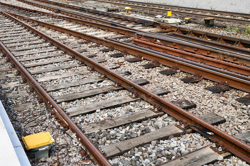Railway tracks. Flat bottom steel rails supported on timber with ballast