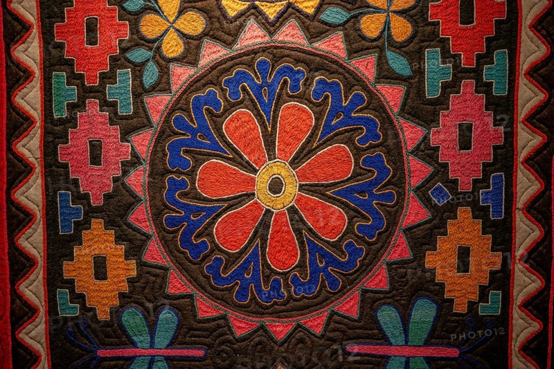 Traditional carpet with pattern, exhibition in the State History Museum, interior view, Bishkek, Kyrgyzstan, Asia