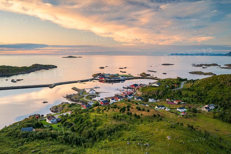 View of the fishing village of Stø in the evening, Dronningruta hike, Langøya Island, Vesterålen, Northern Norway, Norway, Europe