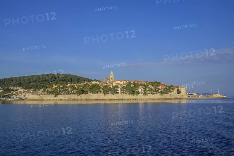 View of the old town from the boat, Korcula, Dubrovnik-Neretva County, Croatia, Europe