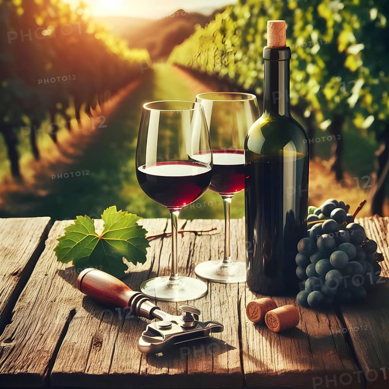 Food and drink background with red wine, fresh grapes and wine bottle. AI Generated, AI generated
