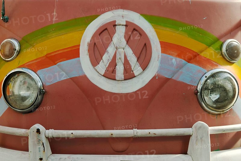 Hippie movement with painted VW bus T1, rainbow and peace symbol, House of History, Bonn, North Rhine-Westphalia, Germany, Europe