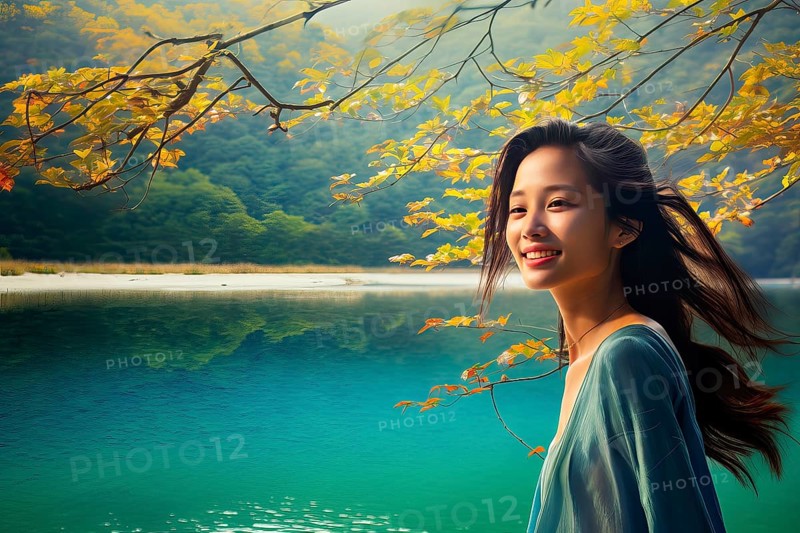 Beautiful young Asian woman with dark hair under tree branches near a colourful lake, China, AI generated, Asia