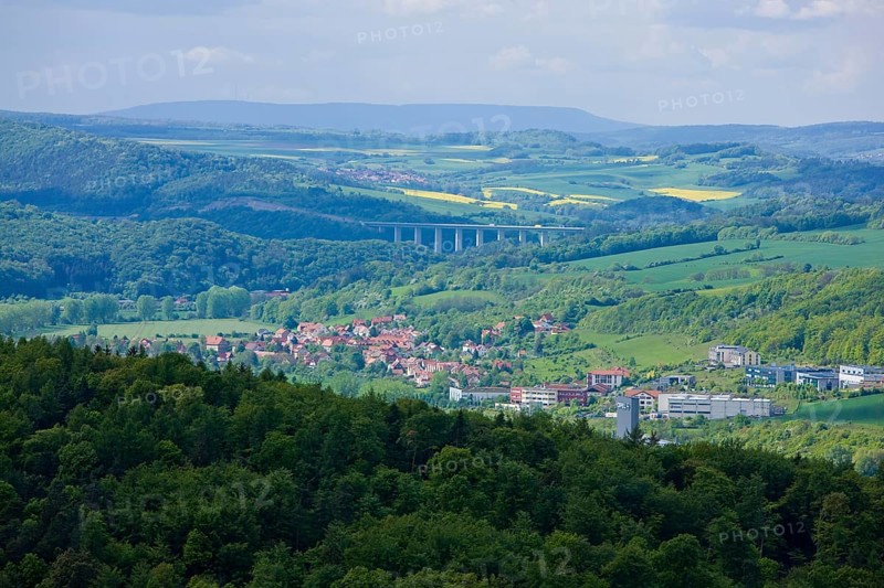View from Wartburg Castle over Eisenach to the Werratal Bridge. The Werratalbrücke Hörschel is a large 13-span valley bridge on the federal motorway 4. 732 m long, it was one of the largest prestressed concrete bridges in the GDR