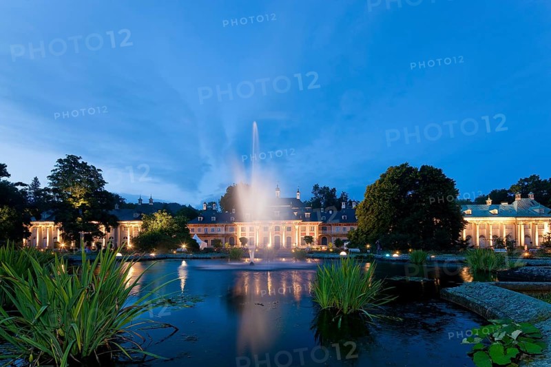 Pillnitz Palace Park in the evening, lighting rehearsal for the Pillnitz Palace Night. Pillnitz has become famous beyond the region for its palace and its park with the Pillnitz camellia. The park, which overlooks the banks of the Elbe and is surrounded by large green areas, is one of Dresden's tourist attractions