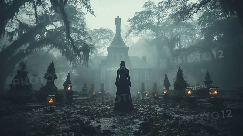 Eerie haunting ghostly female figure walking in front of a foggy southern plantation antebellum mansion on halloween night, generative AI