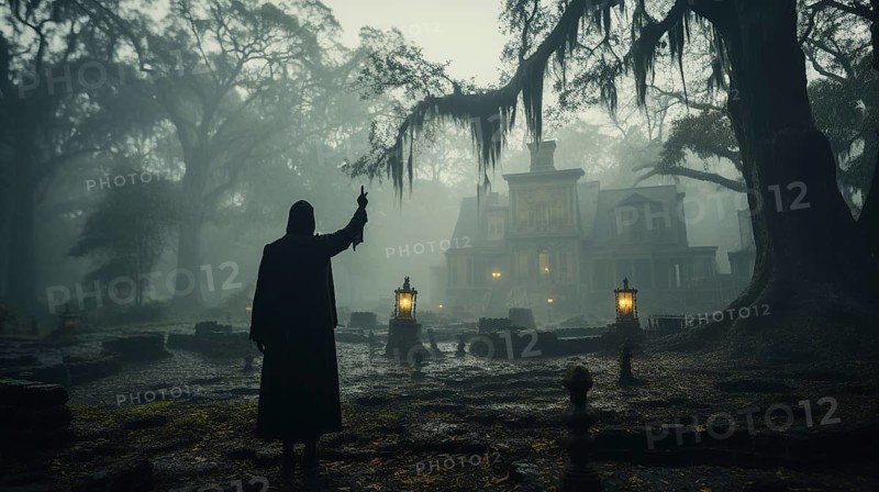 Eerie haunting ghostly silhouetted figure pointing and standing in front of a foggy southern plantation antebellum mansion on halloween night, generative AI