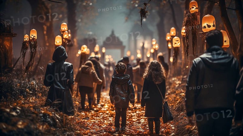 Spooky teenagers and children dressed up for halloween walking down the sidewalk together, generative AI
