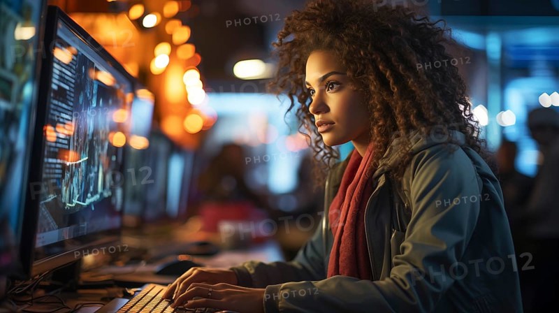 Busy young african american girl working on a computer in an office setting. generative AI