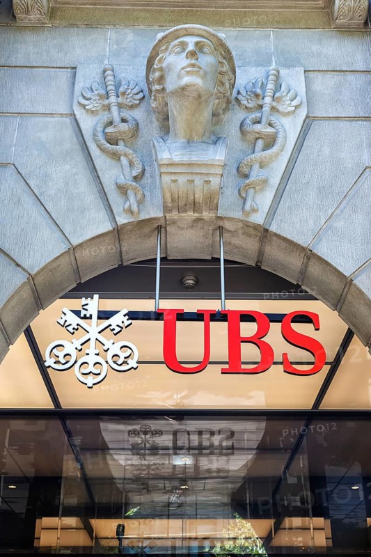 UBS Bank logo at the company's headquarters on Paradeplatz in Zurich, Switzerland, Europe
