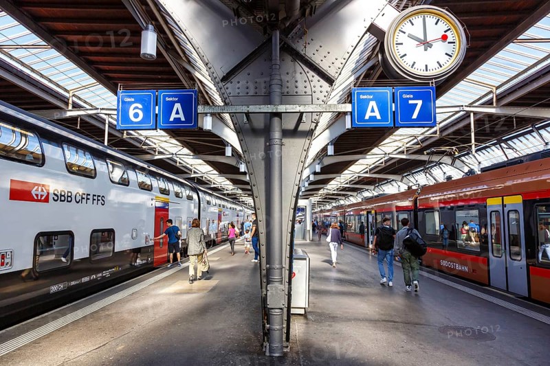 Railway passenger trains of SBB Swiss Federal Railways and Südostbahn at Zurich main station, Switzerland, Europe