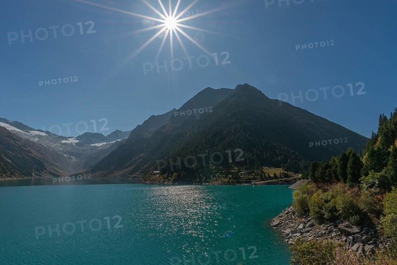 Schlegeisspeicher (1782m), glacier at Schlegeiskees, blue sky, backlight, Zillertal Alps, Tyrol, Austria, Europe