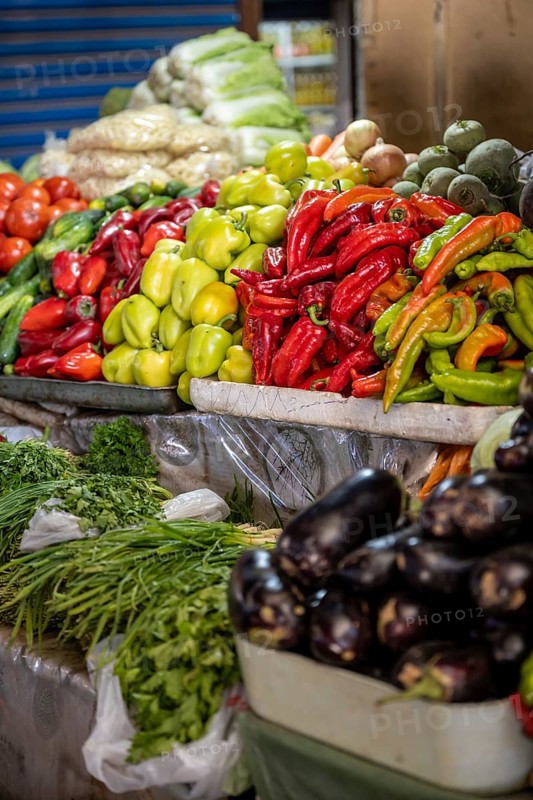 Stall selling vegetables at the Osh Bazaar, Bishkek, Kyrgyzstan, Asia