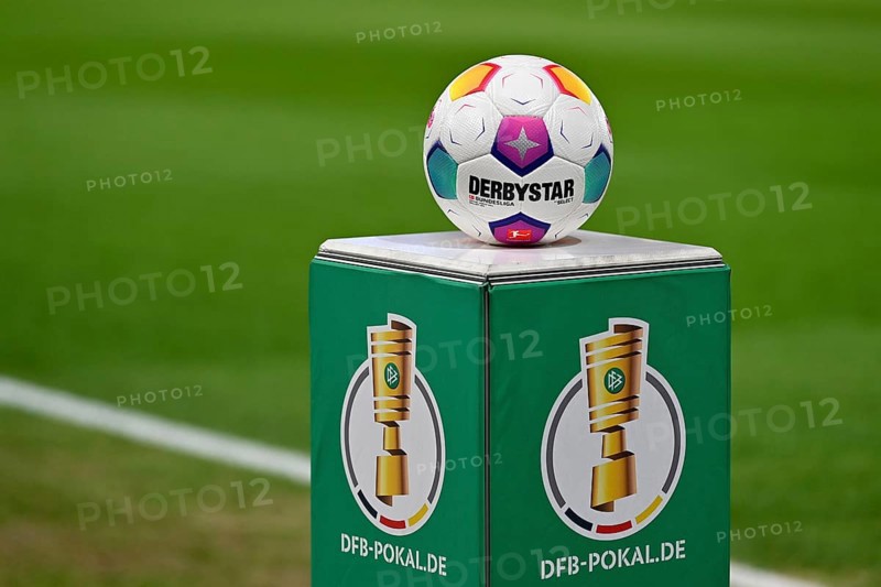 Adidas Derbystar match ball on podium, logo, DFB Cup, MHPArena, MHP Arena Stuttgart, Baden-Württemberg, Germany, Europe