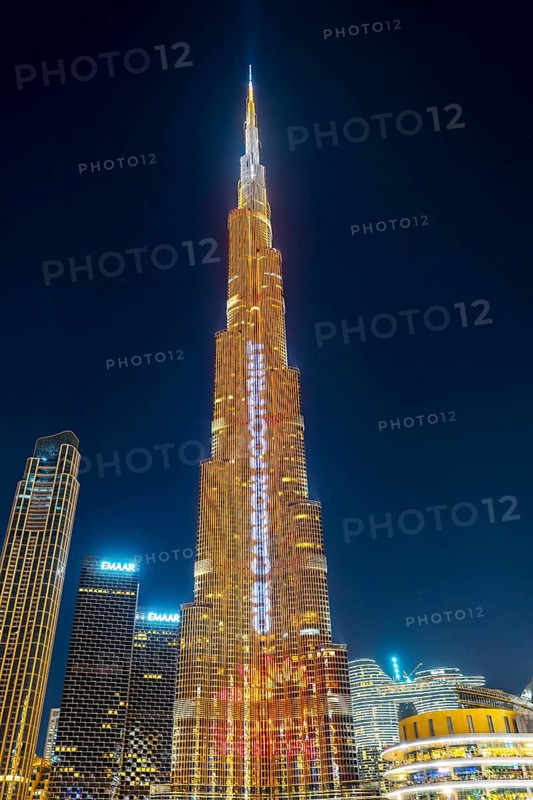 Night shot, illuminated advertising at the Burj Khalifa, Downtown, Dubai, United Arab Emirates, Asia