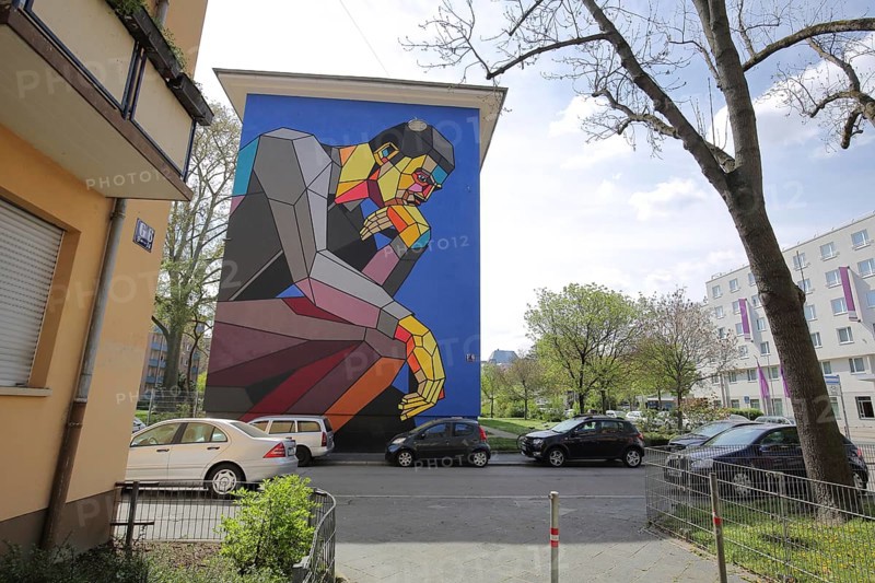 Mural The modern thinker by Dmitri Aske, graffiti, street art, figure, graphic, cubic, think, city centre, Mannheim, Hesse, Germany, Europe