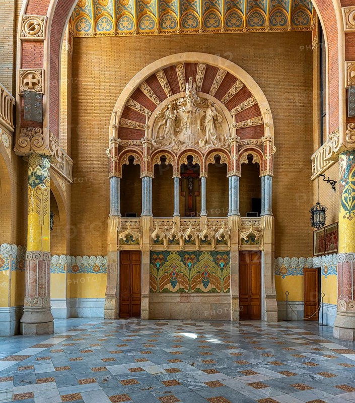 Interior view of the hall and corridors in the main building in the Hospital de la Santa Creu i Sant Pau by architect Lluís Domènech i Montaner, Barcelona, Catalonia