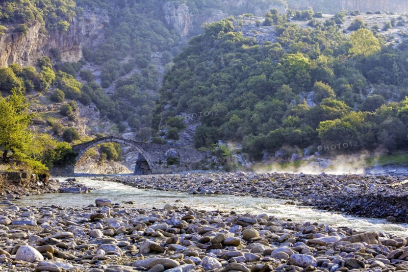 Kadiut bridge, arch bridge near Bënjë, Benja, over the wild river Lengarica, landscape near Bënjë with natural thermal springs, Qark Gjirokastra, Albania, Europe