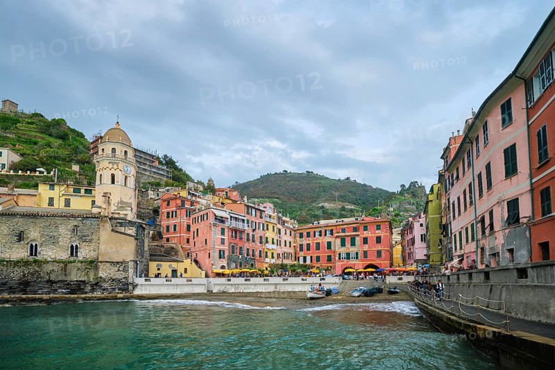 VERNAZZA, ITALY, APRIL 25, 2019: Vernazza village popular tourist destination in Cinque Terre National Park a UNESCO World Heritage Site, Liguria, Italy in stormy weather
