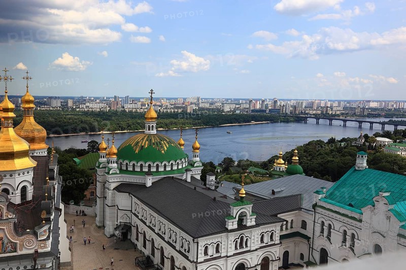 Ukraine, Kiev, View from the bell tower to the monastery complex of the Kiev Cave Monastery, Holy Mary Ascension Monastery, Pecherskaya Lavra, the river Dnieper and the city of Kiev, Kiev, Ukraine, Europe