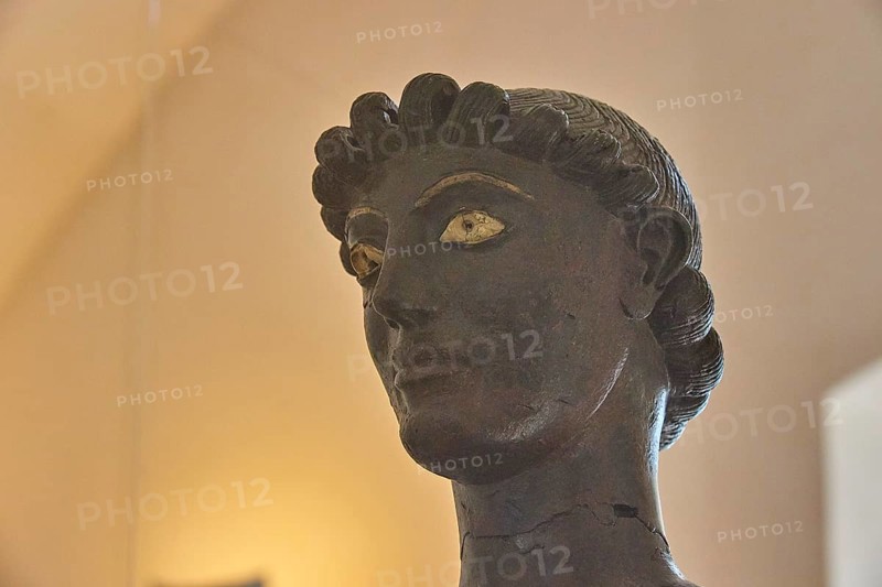 Efebo di Selinunte, detail, head, Dionysos Iakchos, bronze statue, Selinunte, archaeological site, museum, southwest Sicily, Sicily, Italy, Europe
