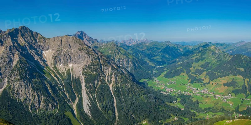 Panorama from the Walser Hammerspitze, 2170m, into Kleinwalsertal, Allgäu Alps, Vorarlberg, Austria, Europe