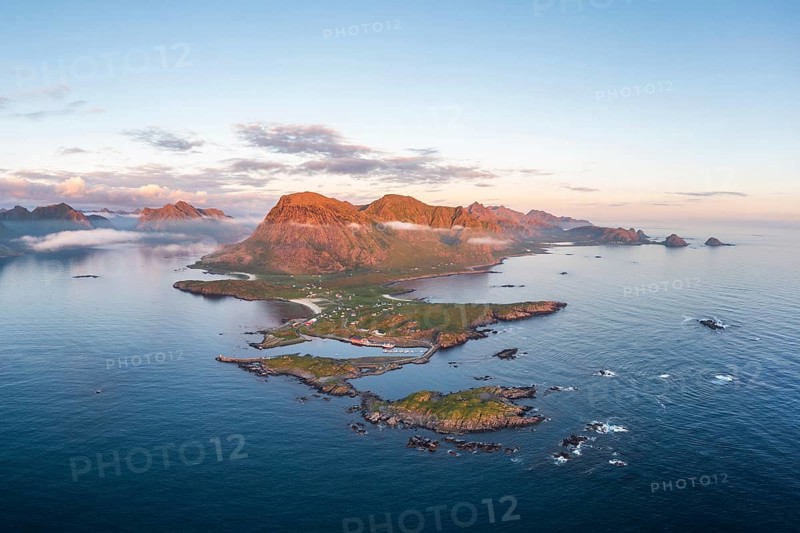 Fishing village Hovden, coast, fjords and mountains, Langøya island, Vesterålen archipelago, Norway, Europe