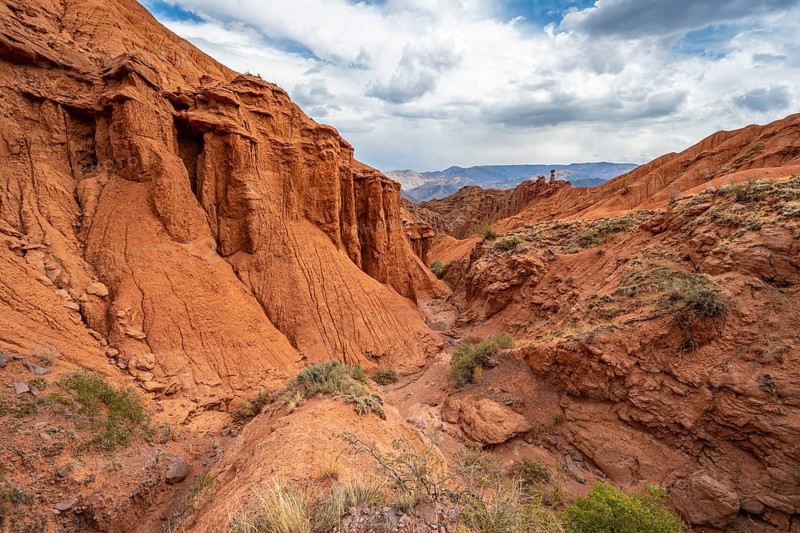 Eroded mountain landscape with sandstone cliffs, canyon with red and orange rock formations, Konorchek Canyon, Chuy, Kyrgyzstan, Asia