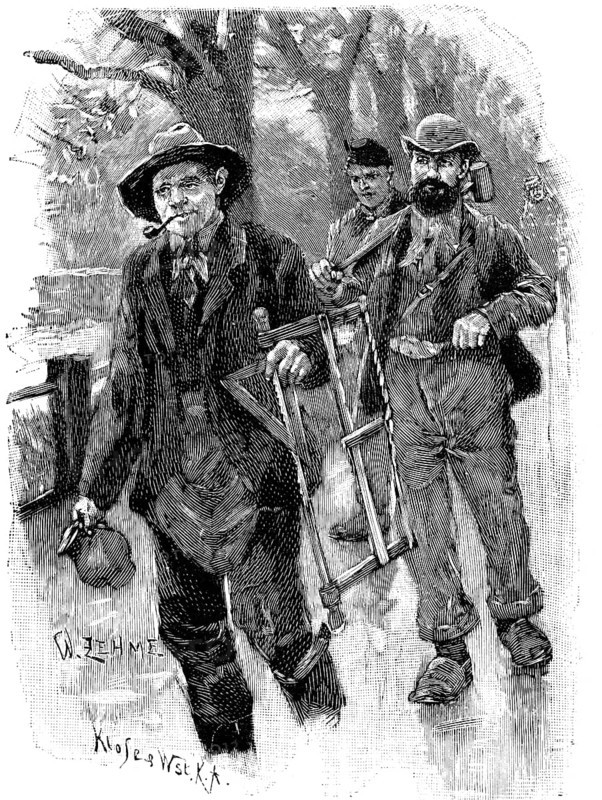 Craftsman on his way to work, Berlin, worker, economy, saw, hammer, work clothes, smoking pipe, hat, jug, Germany, historical illustration around 1898, Europe