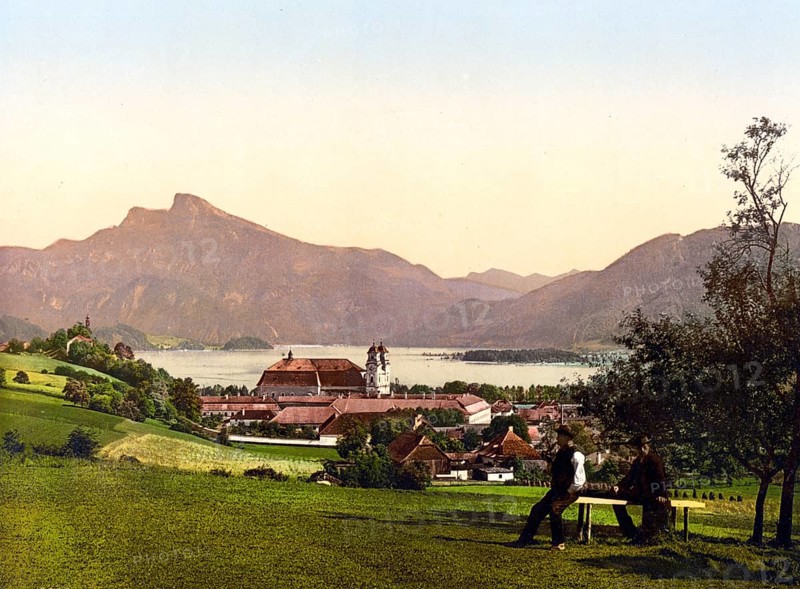 Mondsee and Schafberg, Austria, c. 1890, Historic, digitally restored reproduction from a 19th century original, Mondsee and Schafberg, Austria, c. 1890, Historic, digitally restored reproduction from a 19th century original, Europe