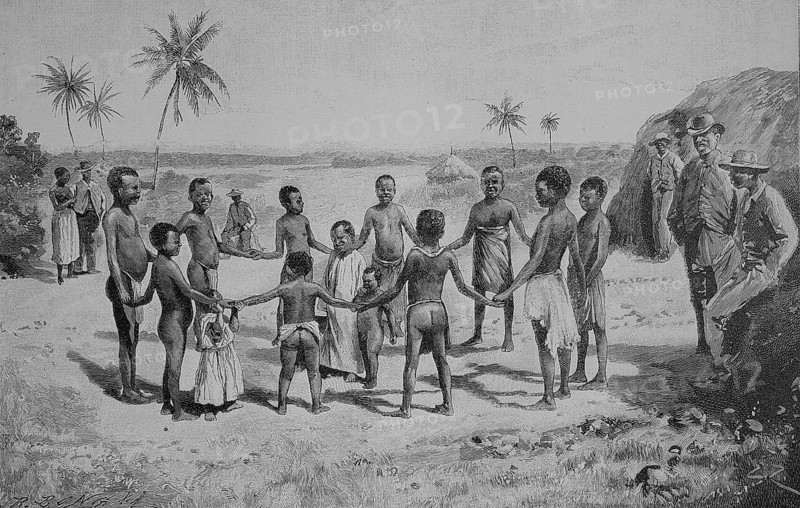 Negro children playing Ringelreihen in the German colony of Tanzania, 1880, Historic, digitally restored reproduction of an original 19th-century original