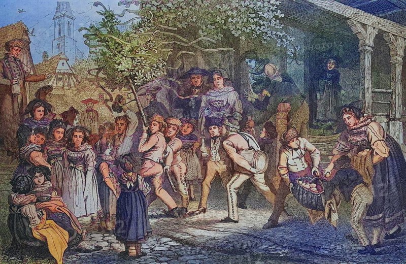 Celebration of Whitsun in 1880 in Alsace, France, Historical, digitally restored reproduction of a 19th century original, Europe