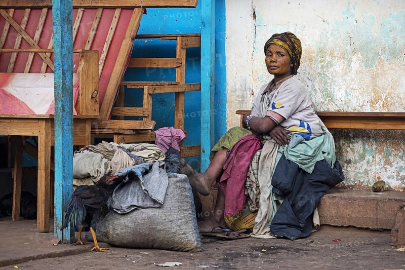 Poor Malagasy homeless woman in the city Ambalavao, Haute Matsiatra, Madagascar, Southeast Africa, Africa